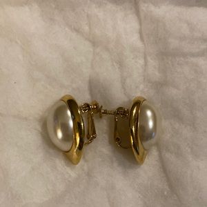 Vintage Gold Tone Faux Pearl Signed Napier Clip Earrings